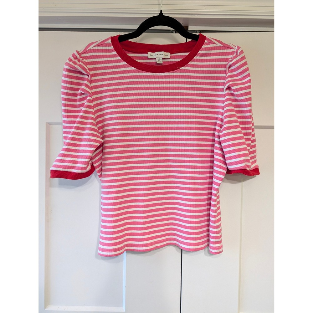 Rebecca Minkoff Pink White Striped Puff Sleeve Ribbed Knit Top XL 109890